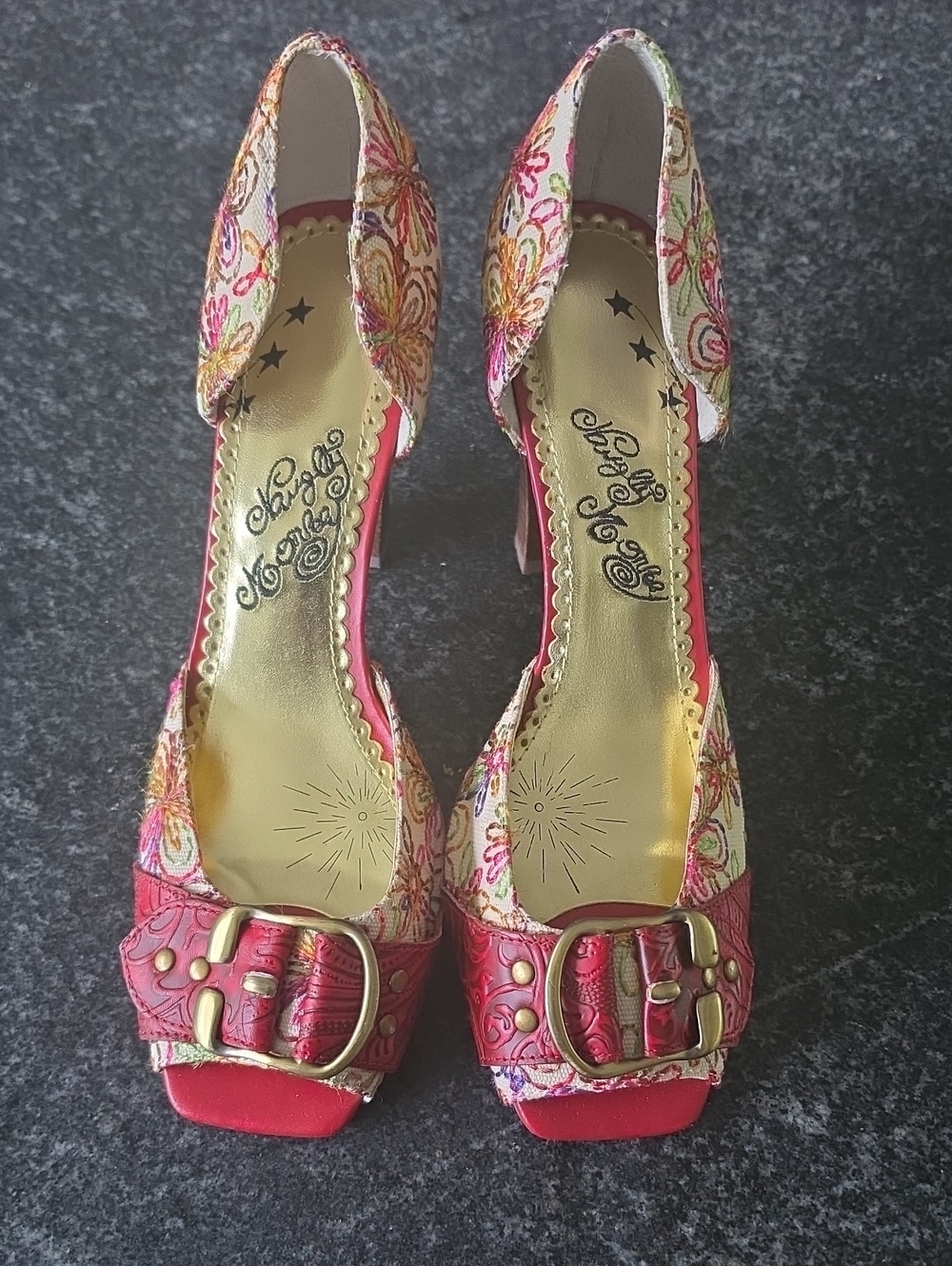 Naughty monkey Red With F loral Embroidered Peep-Toe Heels with Gold Buckle